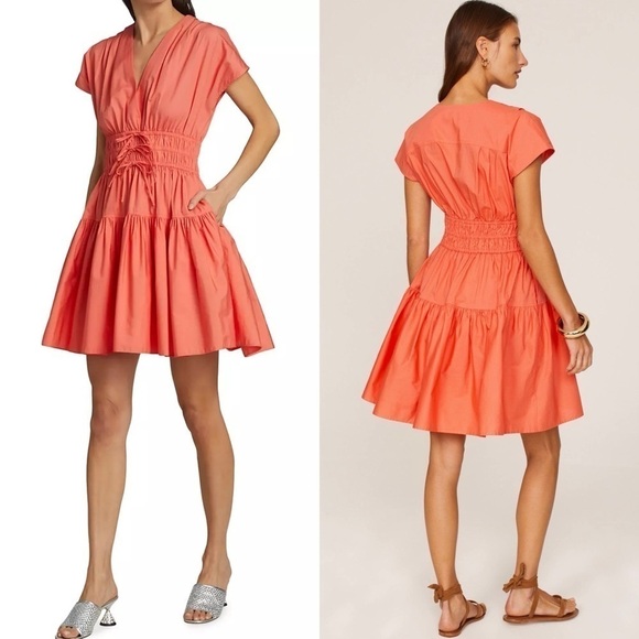 DEREK LAM Coral Cotton Smocked Ruched Tie Waist Short Sleeve Flare Mini Dress 12 - Picture 5 of 13